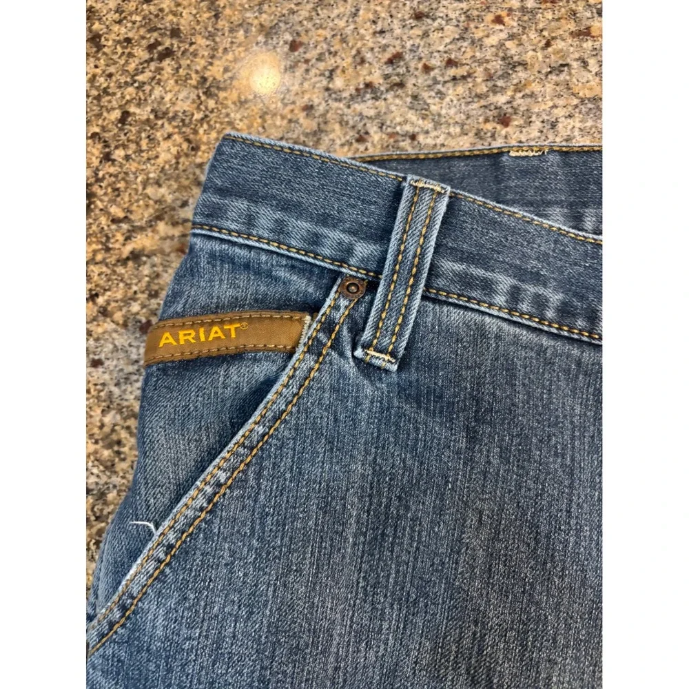 Ariat Rebar M4 Low Rise Boot Cut Jeans Mens 38W 33L Blue Denim Pants Distressed‎